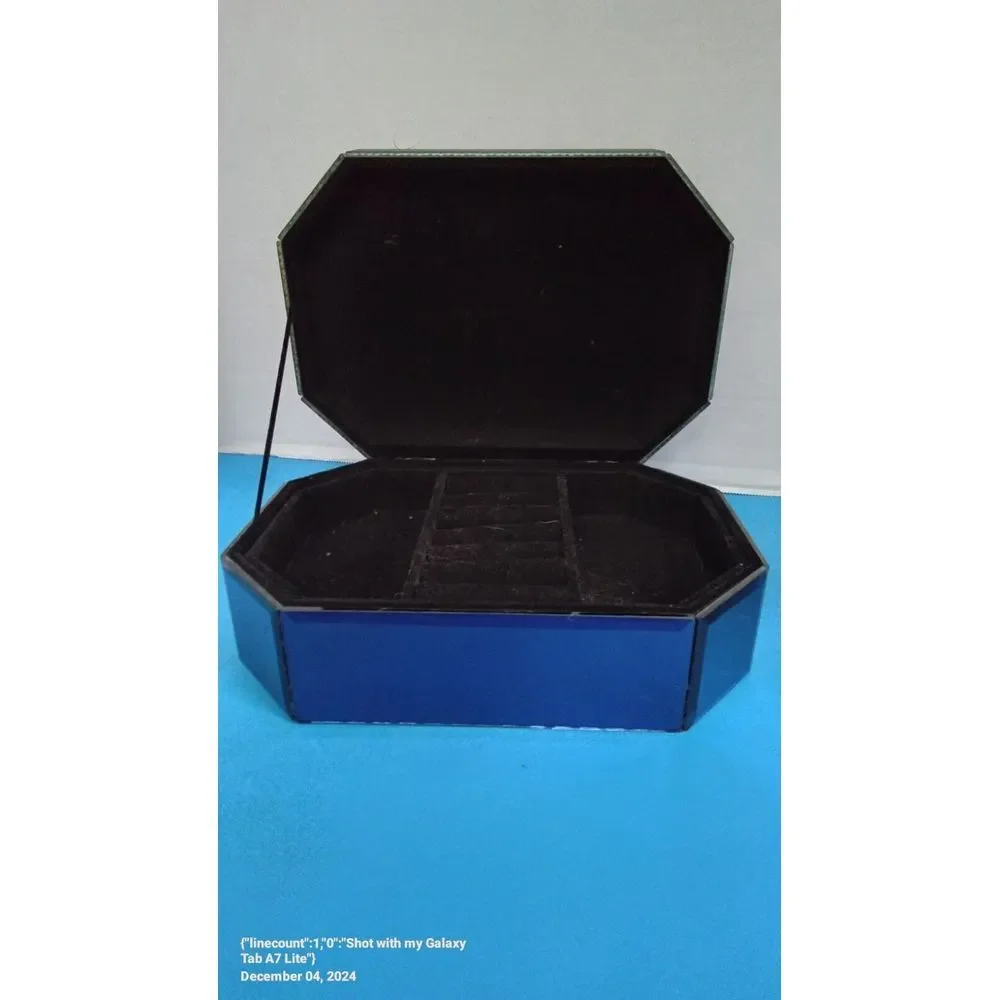 Elegant Octagonal Jewelry Box with‎ Ornate Embellishment - Royal Blue and Black